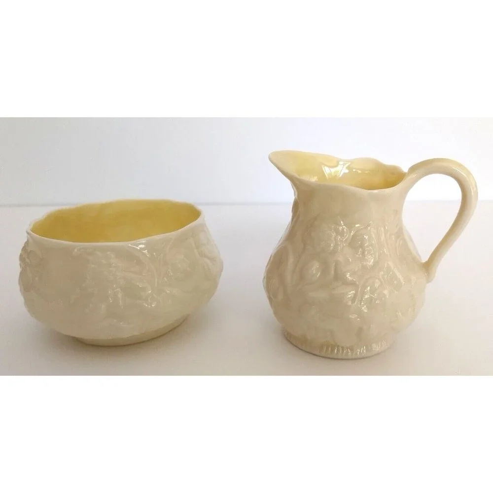Belleek LOTUS Creamer & Sugar Bowl Green 5th Mark Irish Parian Porcelain Vintage
